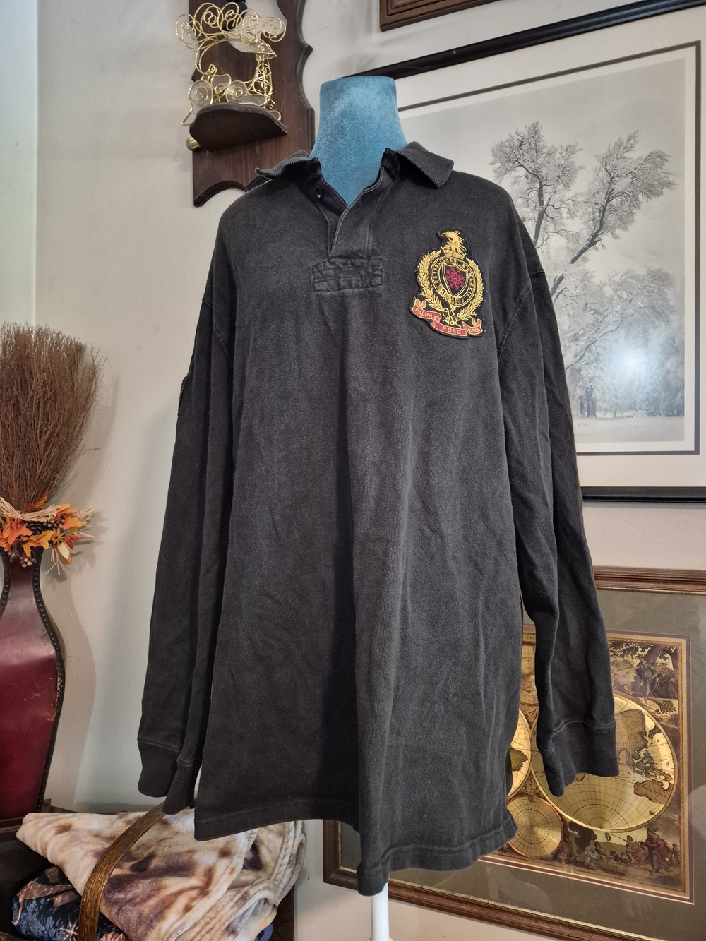 Polo Ralph Lauren Black Yellow Embroidered Long Sleeve Rugby Shirt Size XL